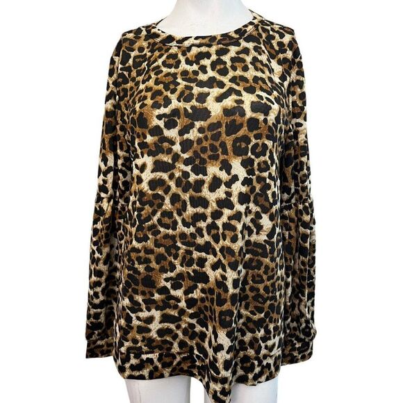 Ladies Large Black & Brown Animal Leopard Print Long Sleeve Top Blouse NWT - Picture 1 of 5